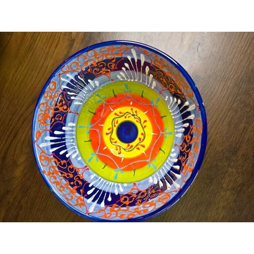 Hand-Painted Ceramic Bowl From Spain With Vibrant Blue Orange & Yellow‎ Patterns